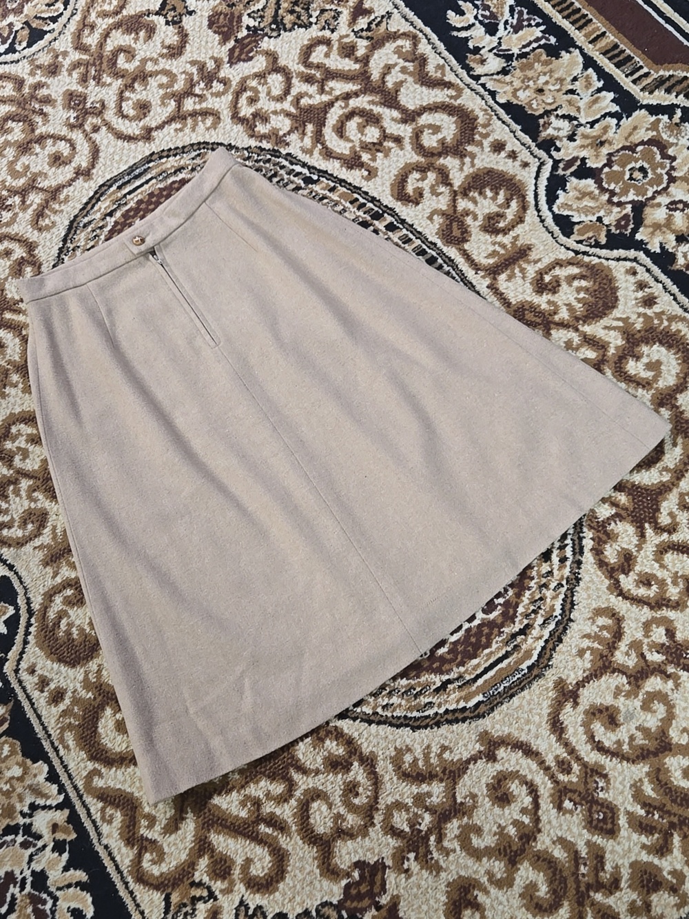 Vintage 70s Handmade Skirt Wool Acrylic Blend Retro Brown Camel Khaki Sand 1970